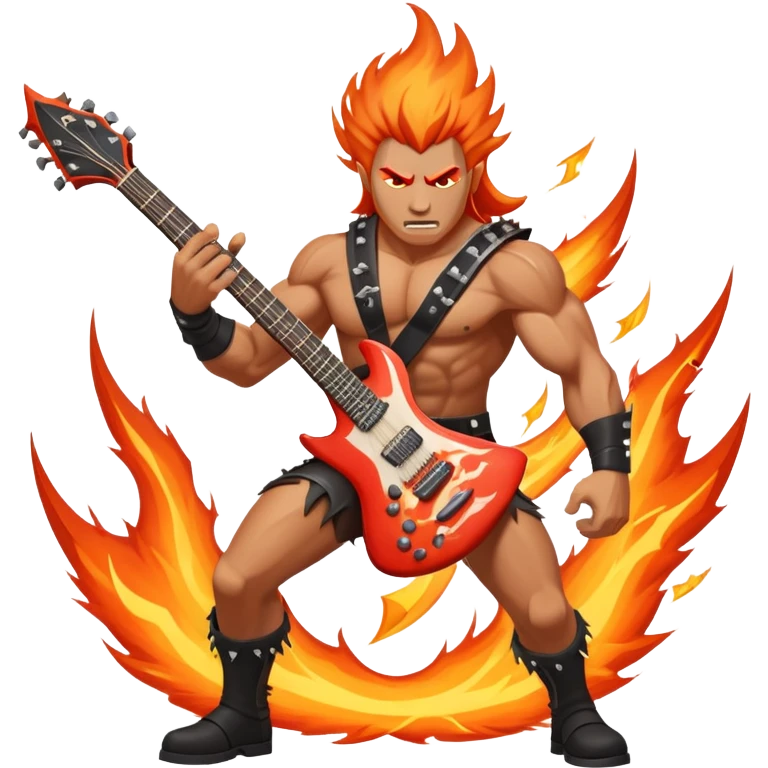 An icon showing a rock musician wielding a guitar in an epic battle, inspired by Brutal Legend. The design features fiery backgrounds, musical notes floating in the air, and electrifying stage lights, capturing the power of music and combat. Transparent background highlights the energy. emoji