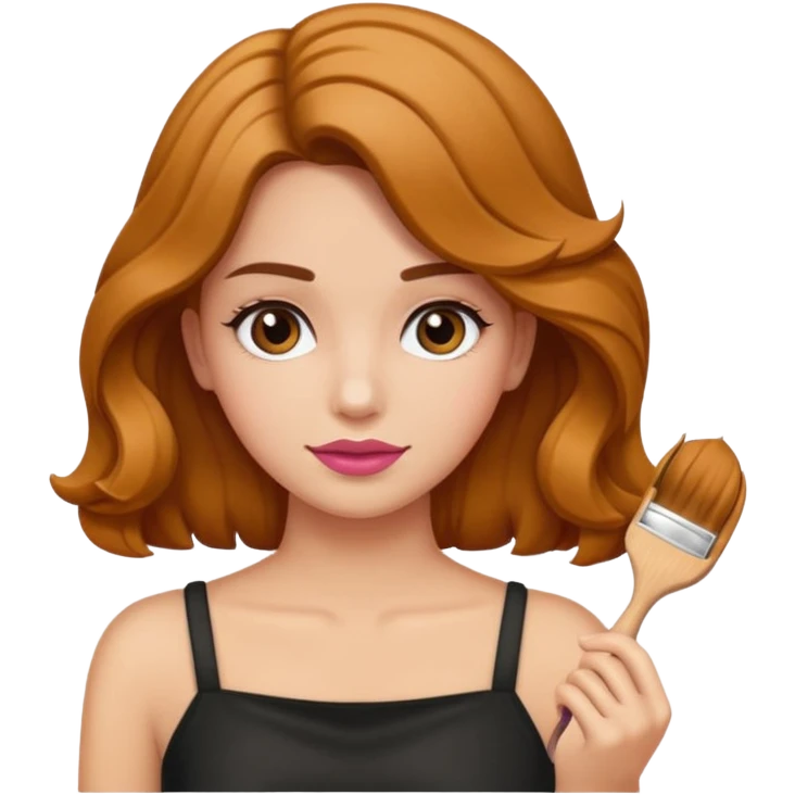 Chica blanca castaña con el cabello ondulado, aplicándose rubor con una brocha en la mano emoji
