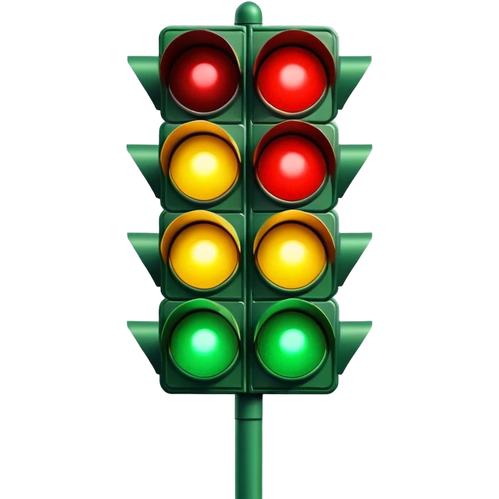 Traffic signal with green light illuminated. Top light is dark red. Middle light is dark yellow. Bottom light is green and bright emoji