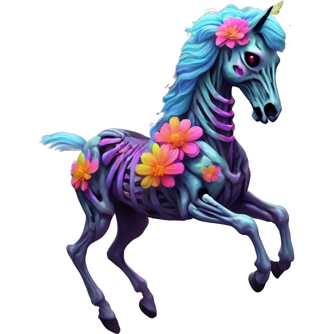 Neon Zombie Pegasus unicorn skeleton psychedelic flowers floral groovy art neon rave raving emoji
