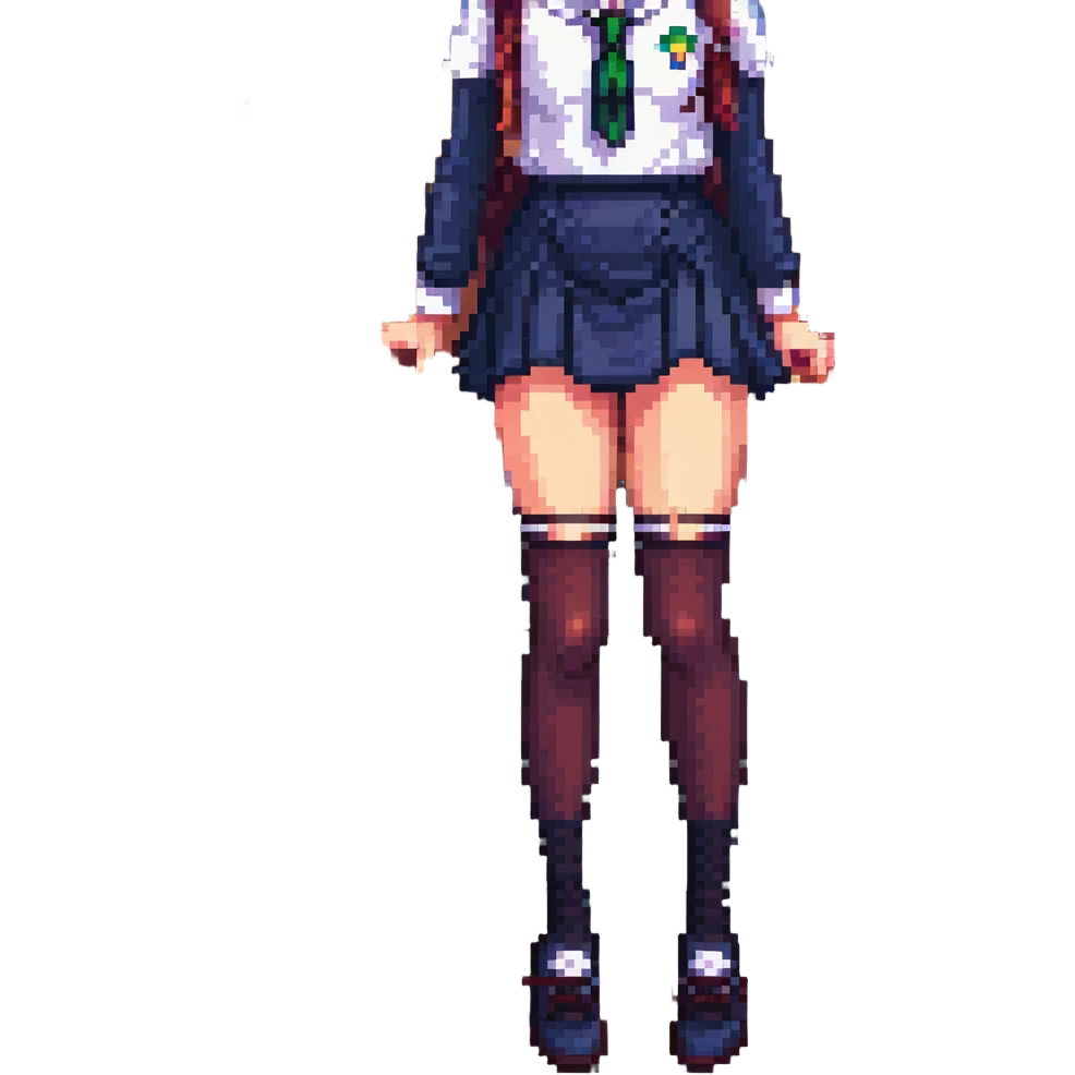 pixel art of a girl in a school uniform, focus on legs in dark stockings emoji