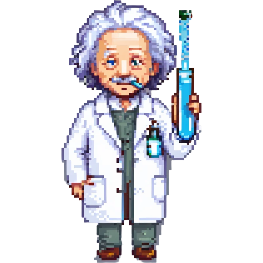 pixel art of Einstein in a lab coat holding a test tube emoji