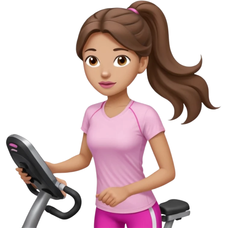 girl with wavy long ponytail brown hair, brown eyes, light to medium complexion, long lashes, light pink lipstick, wearing light pink shirt, on an elliptical emoji