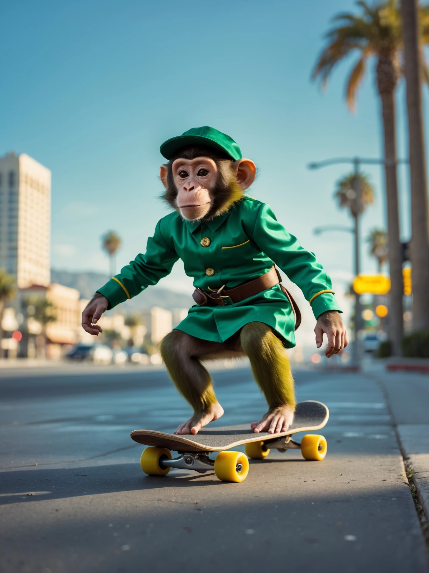 Disney style, Cinematic still scane, Low angle medium shot, monkey dress in green outfit, monkey ride on skateboard, san francisno downtown with city lanscape, blue clean sky, captured by ARRI Alexa XT, soft cinematic lightning emoji