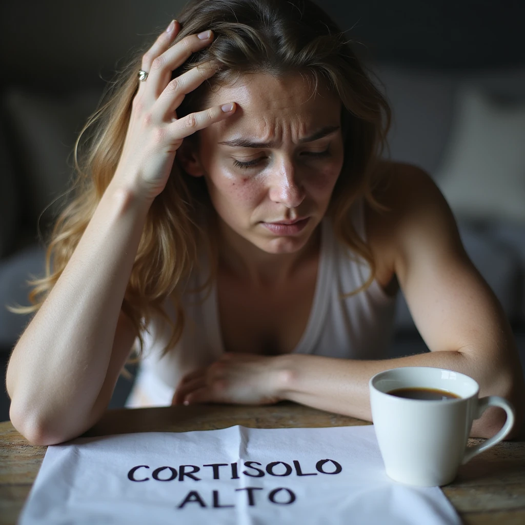 woman with PCOS, face with acne and chin hair, thinning hair, tired and stressed expression, hand on forehead, sheet with the text 'CORTISOLO ALTO', empty coffee cup, home environment, hyperrealistic 4K details emoji