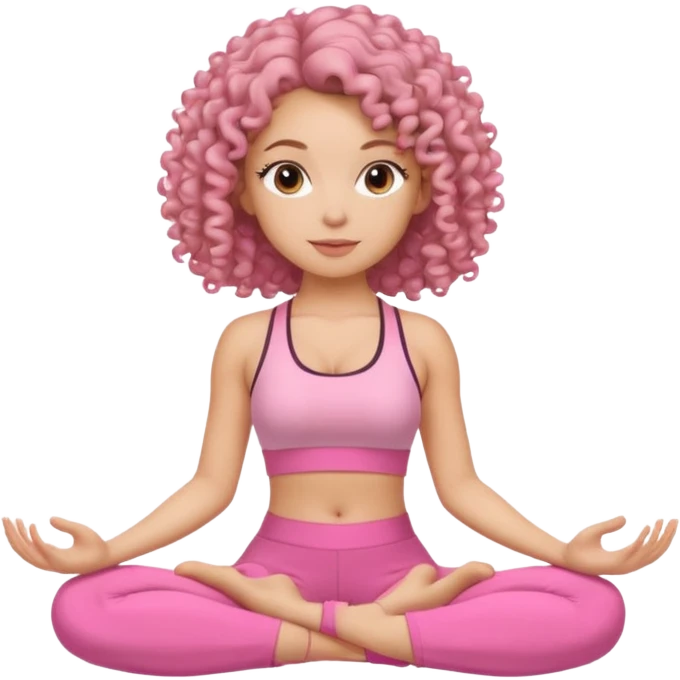 Quero uma menina de roupa de malhar rosa do cabelo cacheado sentada como tivesse fazendo yoga emoji