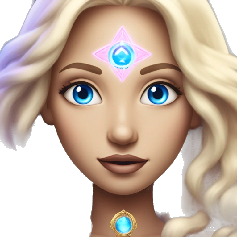 magical diva with thin pink andromedan face long blonde hair and blue eyes glowing third eye emoji