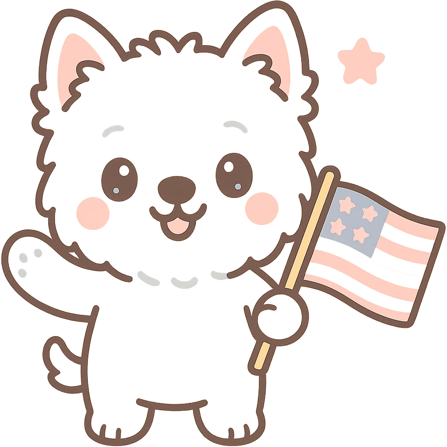 West Highland White Terrier (Westie) holding and waving an American flag, kawaii cute style emoji