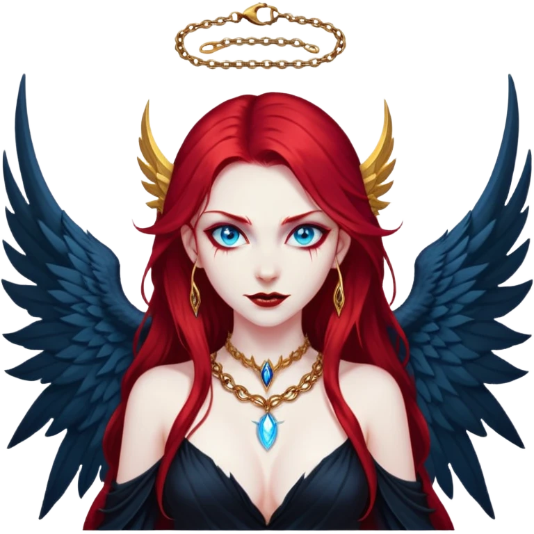 half body portrait of an extremely diabolical girl with pale white skin, massive towering wings, very long flowing blood red hair, glowing blue eyes, black hellfire aura, no horns, evil grin, gold necklace emoji