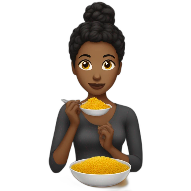 Black woman with black short hair in a bun, eating rice with curry emoji