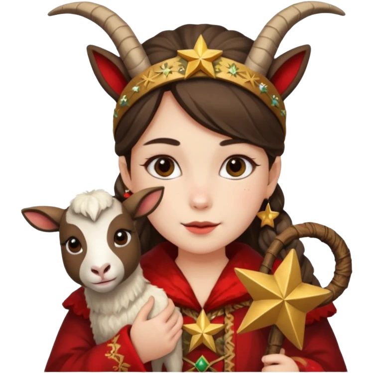 Девочка на празднике в народном костюме и шубе с калядной звездой и маской козы emoji