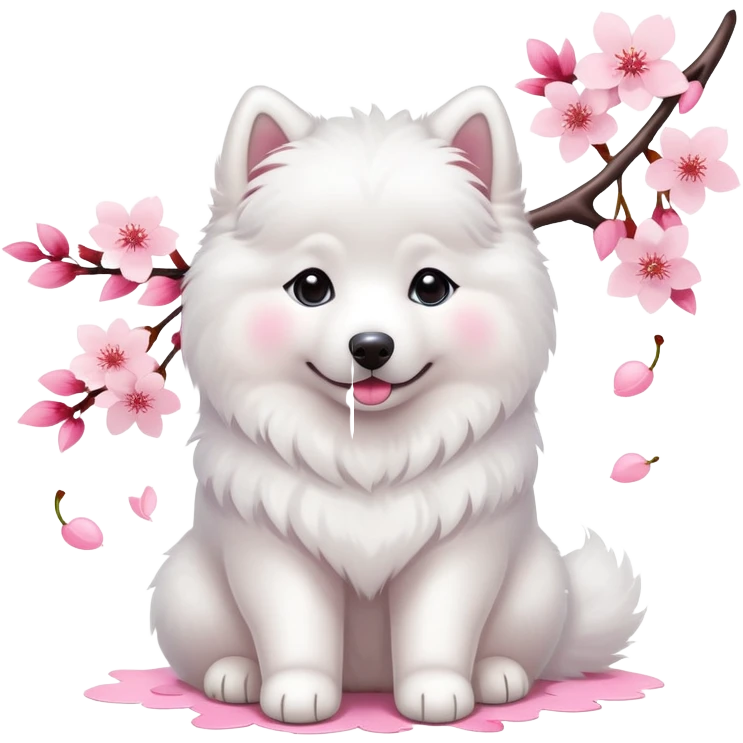 A cute  little  white Samoye and cherry blossom emoji