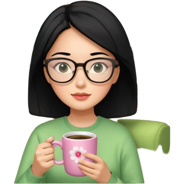 Chica de pelo negro ojos negros y piel morena con lentes oversize square GAFAS DE LEER BIEN GRANDES , ropa de color verde , sentada en una sala de casa , en la mano derecha una taza de cafe en color rosa con una flor negra de diseno. Sentada mirando un drama koreano en la television.  emoji