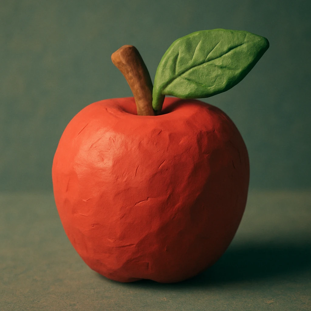 a red apple with a green leaf, claymation style emoji