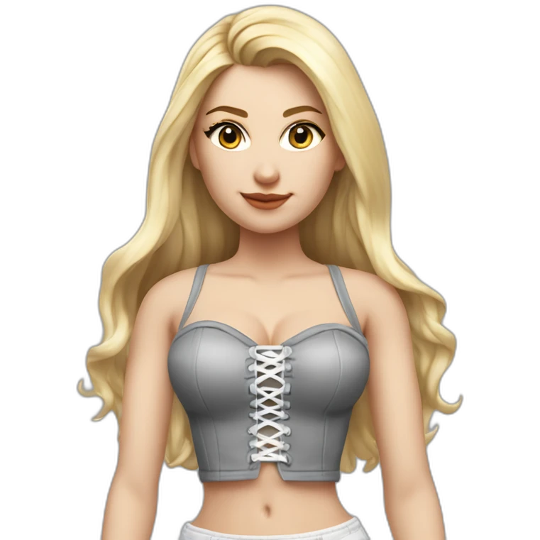 hyperrealistic caucasian female, long straight blonde hair, white laced up bustier, grey mini tight skirt, body view emoji