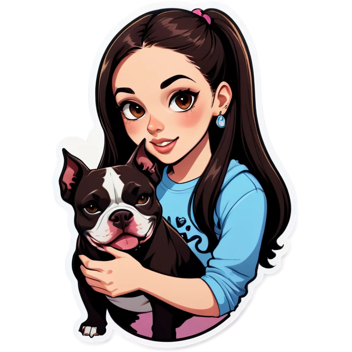 Slightly overweight beautiful girl with choppy long dark hair with her nose piercing and her black iPhone with her her pet pit bull girl with an underbite layed next to her emoji