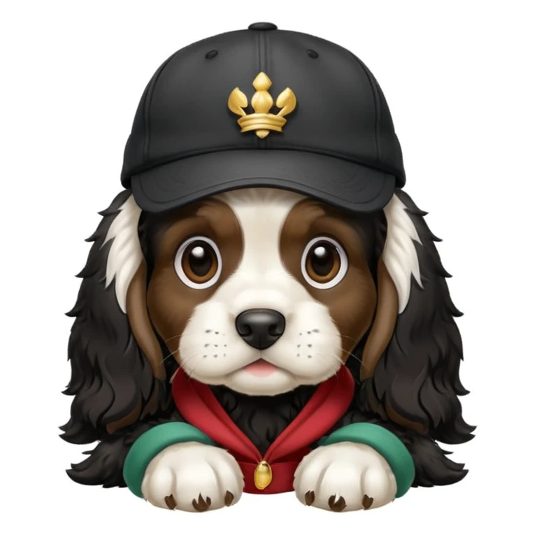 A black and white Russian Cocker Spaniel puppy wearing a cap emoji