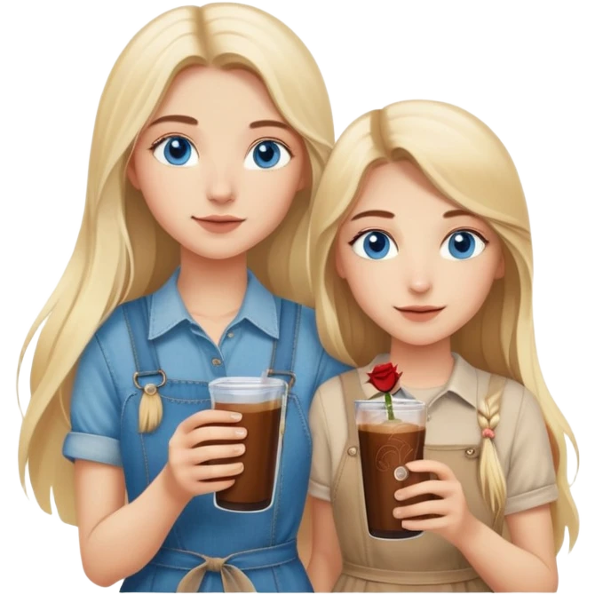Turkish beautiful finish Konya girl long blonde hair and blue eyes with his brother beige denim dress and had on her hand Rose Cold brew coffee   emoji