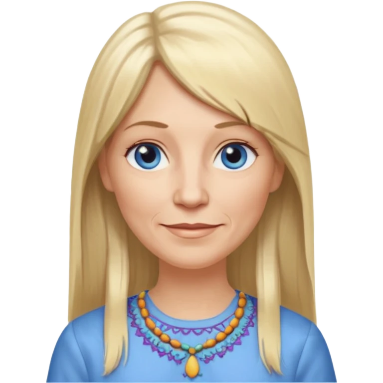 50 yr old white woman, hippie part bangs, very long straight blond hair, oval face, small smile, blue eyes, thin face, hair downback, hair parted at center of head, round cheeks, pale, longer hair, dress shirt emoji