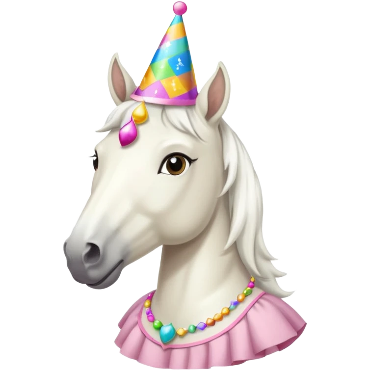 white horse in dress with party hat emoji