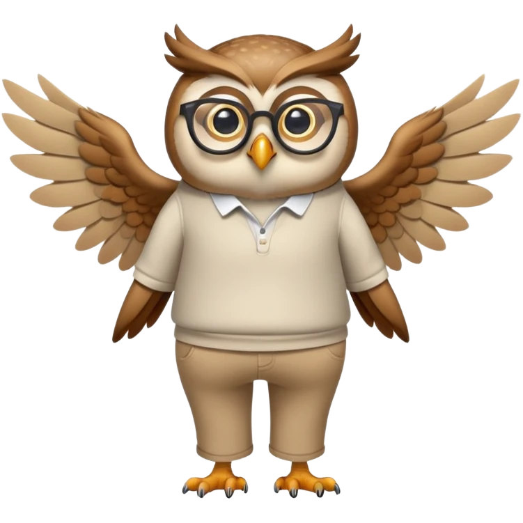 friendly anthropomorphised owl with wings instead of arms, in pants and a shirt, wearing glasses, walking upright, relaxed pose emoji