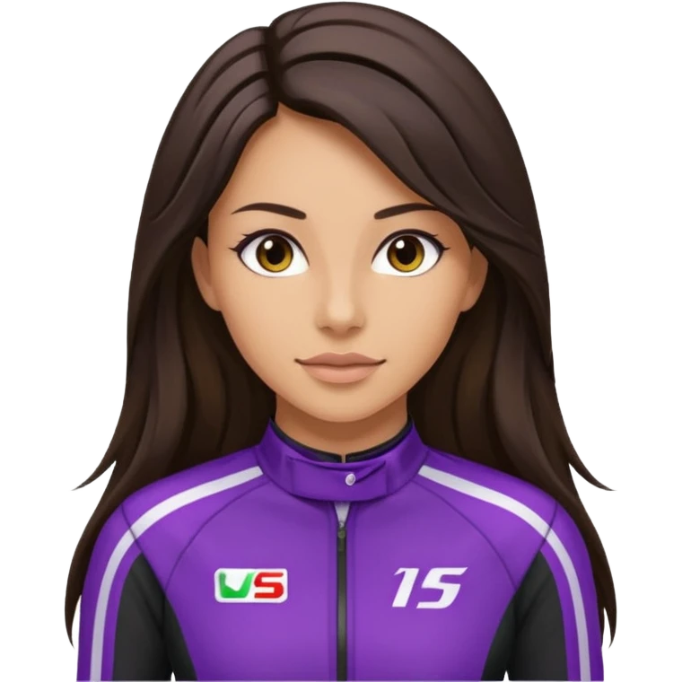 brunette long hair woman with black racing outfit with single purple strips emoji