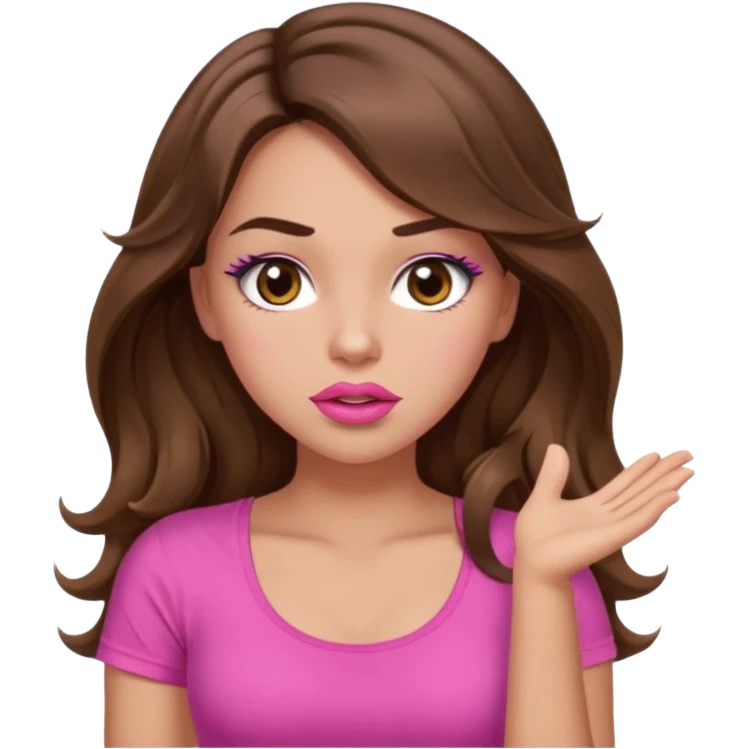 girl with long wavy brown hair, brown eyes, light to medium complexion, in a pink sexy top, pink puckered lips, long lashes, shrugging emoji