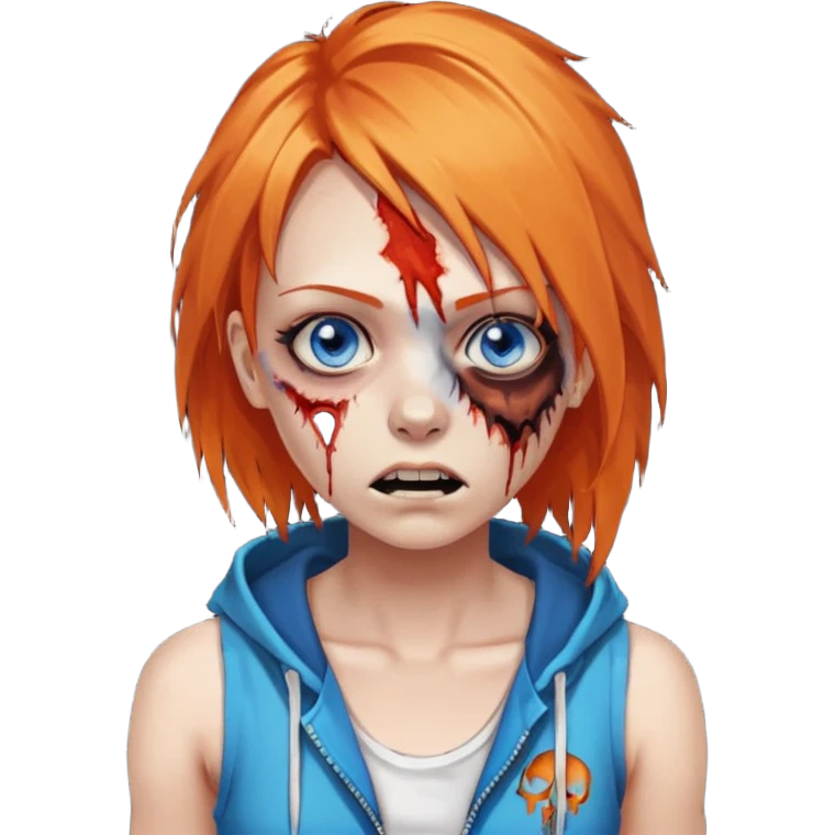 сделай рыжую девушку зомби с избитым лицом, не в полный рост, пусть ее рыжие волосы будут ниже груди с осветленными прядями, глаза у нее будут голубые, а одета она будет в дранную белую майку и черную зип худи emoji
