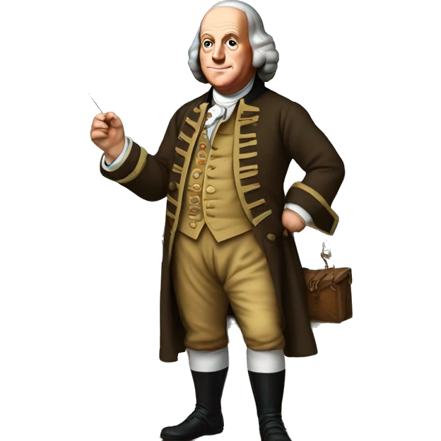 “Benjamin Franklin in colonial clothing, holding a kite with a key, against a historical backdrop.” emoji