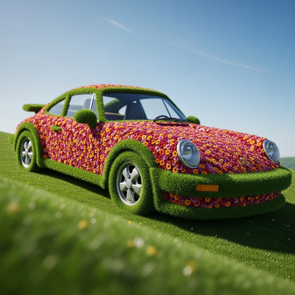 Closeup shot of a porsche 911, body of car made of grass and big colorfull flowers, green hill grass, blue clear sky, dutch angle, captured by ARRI 65 emoji