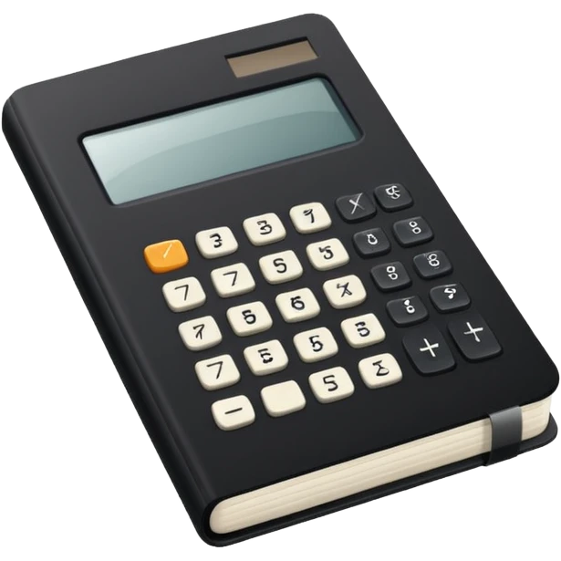 Minimalistic flat vector icon, iOS style, thin black contour on white background. Small black notebook with visible binding, placed next to a calculator. Clean, modern, no text, no shadows. emoji
