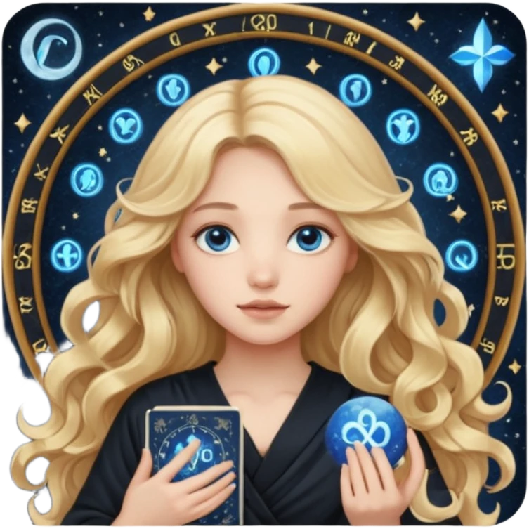 A long wavy haired blonde girl with blue eyes, wearing black, holding astrology chart with Virgo symbol  emoji
