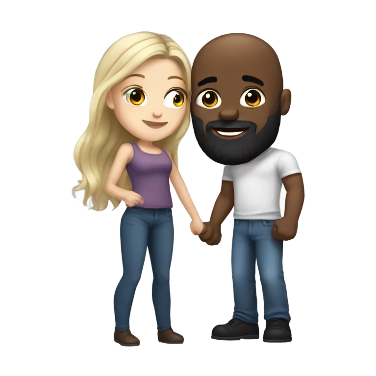 White girl dark hair kissing muscular black bald man with beard emoji