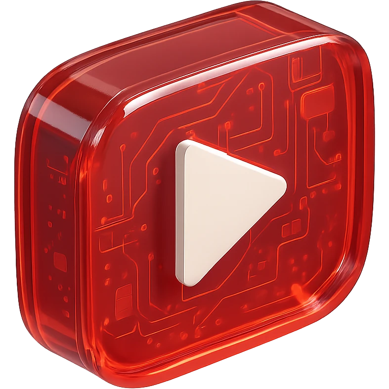 YouTube play button, white, centered, red background, glossy circuit style emoji