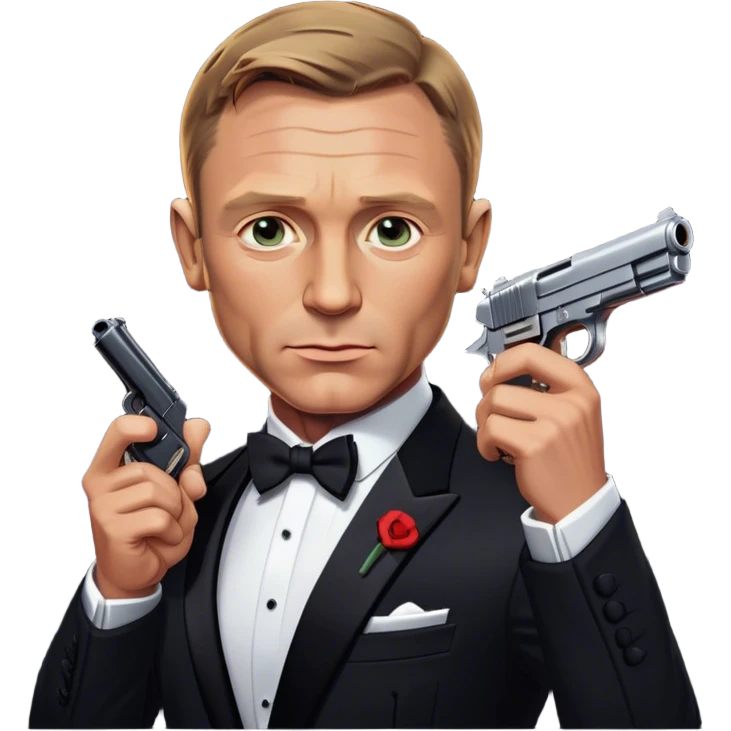 Cinematic Realistic James Bond Daniel Craig Portrait Emoji, depicted as the ultimate suave and enigmatic secret agent, donning a sharply tailored tuxedo, gripping a sleek handgun, with a piercing gaze that exudes confidence and danger. The scene is infused with moody, high-contrast cinematic lighting, evoking the thrilling world of espionage and intrigue. emoji