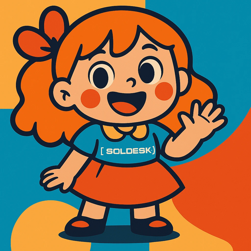 Add the SOLDESK logo to the character's shirt, keep the vibrant toon style, preserve the original background. emoji