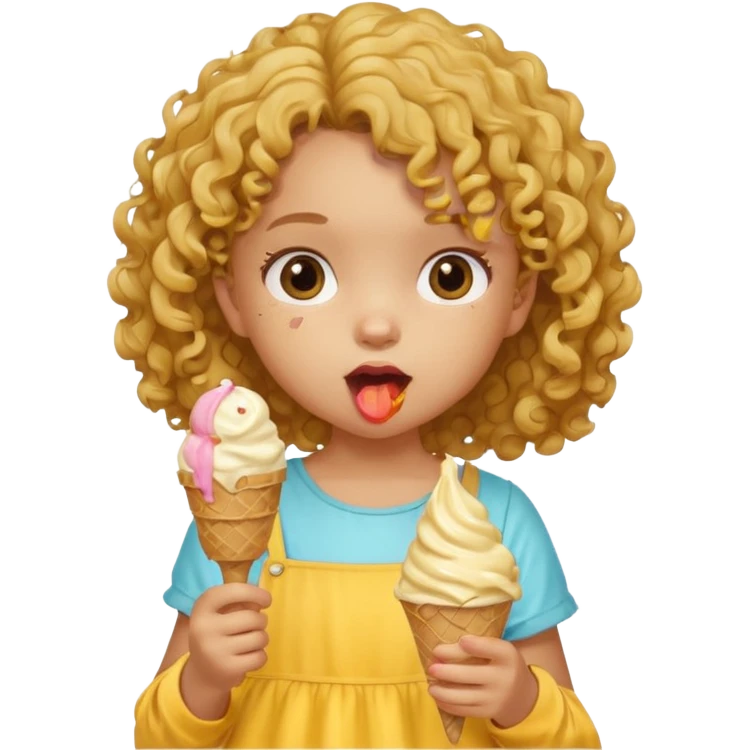 a little girl kid with curly hair, yellow dress, eat ice cream emoji