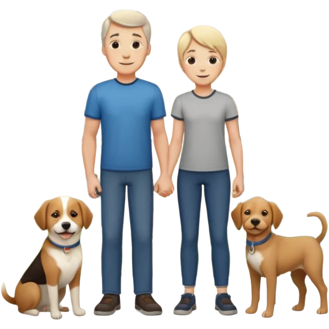 1 Father 1 Mother and 1 young boy who is half as tall as the parents, standing in front of their house with a dog next to them emoji