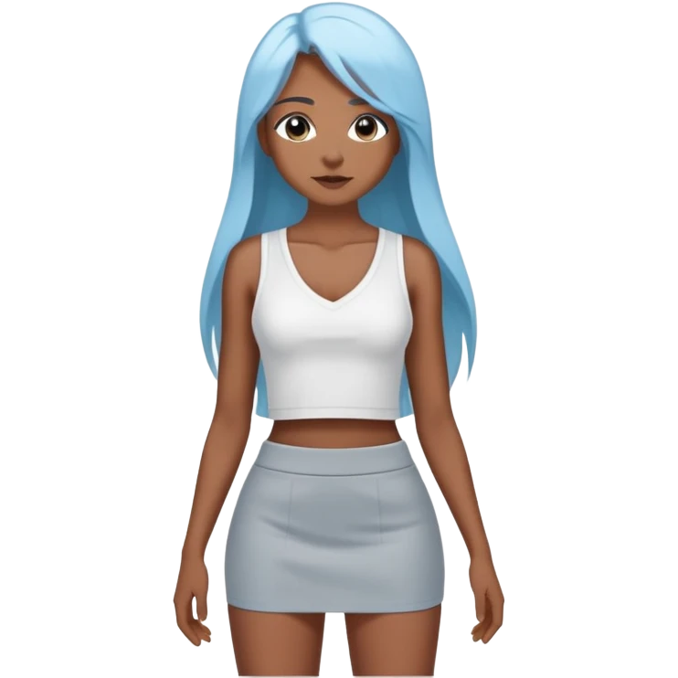 hyperrealistic caucasian, darker sky blue long straight hair, white deep v-neck crop tanktop, gray tight mini skirt emoji