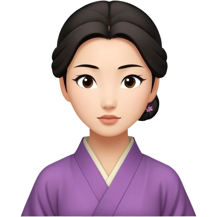 Cinematic Serene Mulan Portrait Emoji, rendered in a simplified vector style. Depict a gentle Mulan (chest and above) with warm, radiant skin, sleek dark hair pulled back in a neat bun, and a calm, thoughtful expression, wearing a simple traditional robe in muted hues. The design glows softly with an elegant, inviting light. emoji