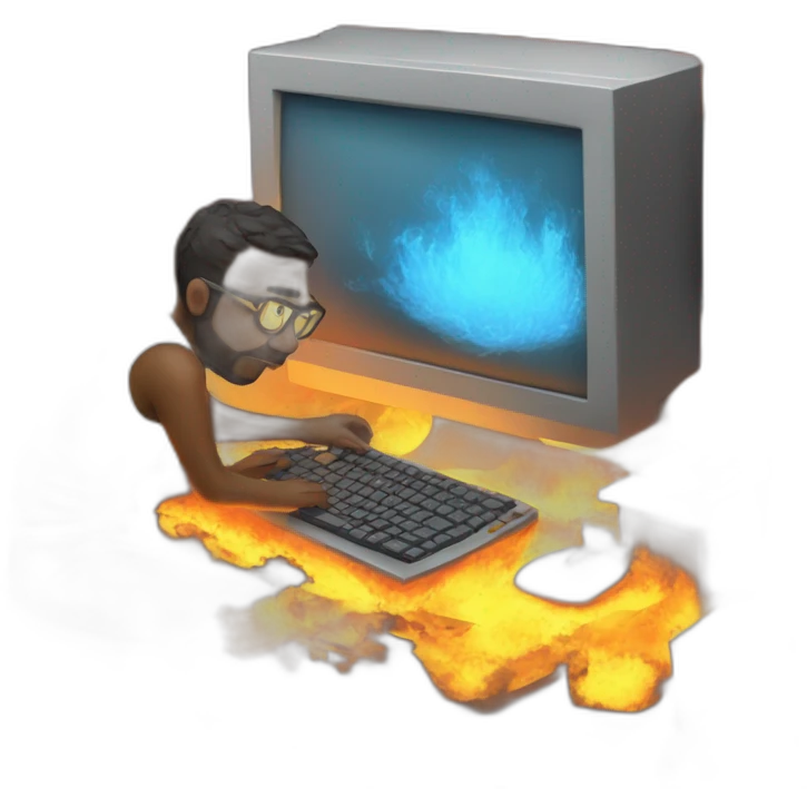 computer programmer typing furiously surrounded by fire emoji