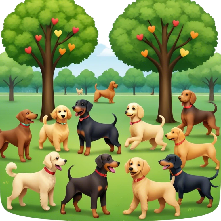 Collage of various dog breeds like Doberman, Poodle, Dachshund, and Golden Retriever, playing in a park with trees and grass. Some dogs run, others sit, all are full of energy and happiness. A joyful, colorful scene with playful expressions. Transparent background. emoji