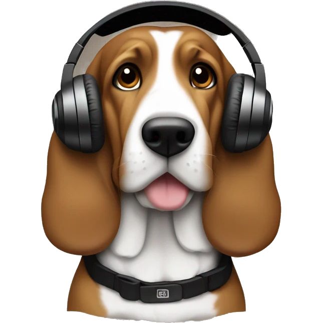 Black and tan bassett with tan chest wearing headphones emoji