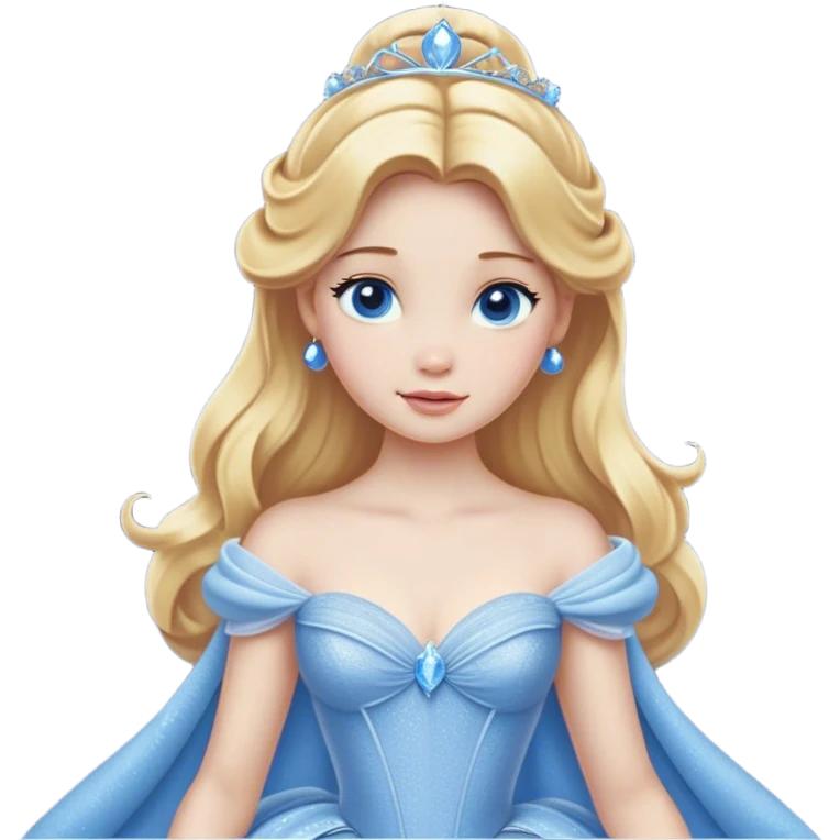 Cinematic Realistic Cute Cinderella Portrait, featuring fair, luminous skin with finely detailed texture and softly lit golden-blonde hair cascading in gentle waves. Her warm, inviting blue eyes sparkle with youthful charm and curiosity, while her classic, elegantly draped ball gown reveals meticulously rendered fabric details and natural folds. The overall composition is bathed in a gentle, realistic radiance that exudes both playfulness and heartfelt beauty. emoji