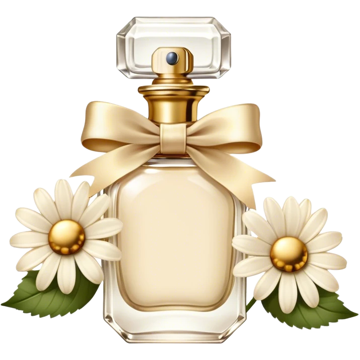 Beige vintage-style perfume bottle and ivory-colored daisies and gold bow emoji