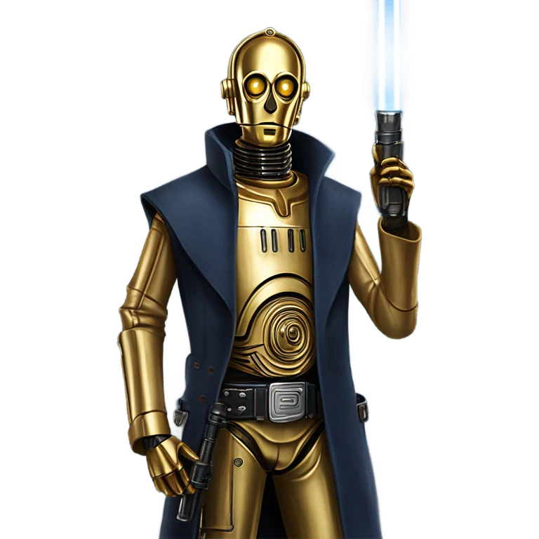 tarnished undercover tough well-equipped Jedi  life-sized darkblue-pearl C3po leather vest clothing pants and vest old west duster coat holding light saber sheriff emoji