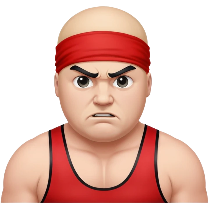 Close-up of white skin fat guy no muscle with prominent black durag, completely shaved face, no beard or mustache, black eyes in a red and black wrestling singlet with angry face emoji