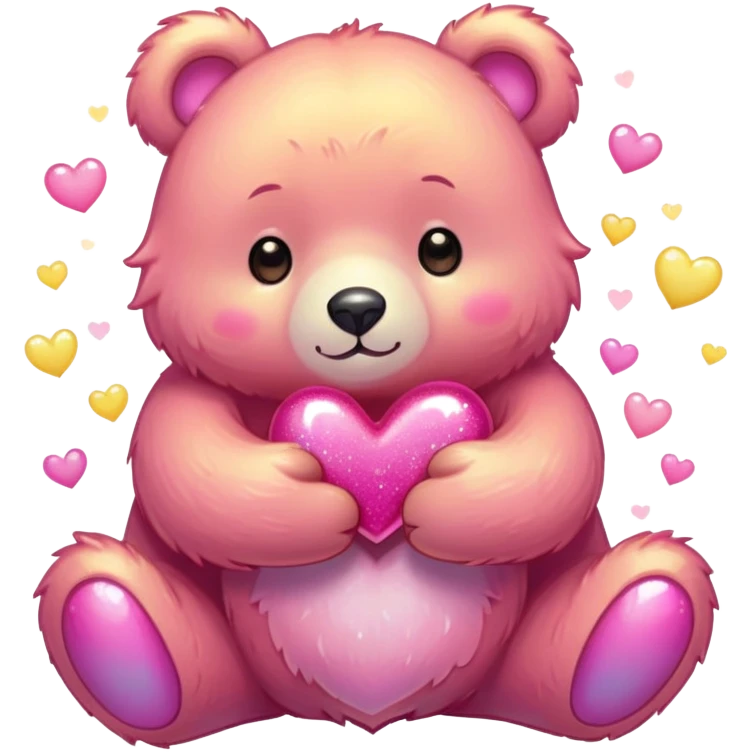 "A cute, fluffy bear sticker in a vibrant kawaii style, tightly hugging with both arms, big sparkling eyes full of love, soft pink cheeks, warm pastel colors like pink and yellow, smooth gradients, gentle shadows, heart-shaped sparkles around, transparent background, highly detailed, expressive and adorable."

 emoji