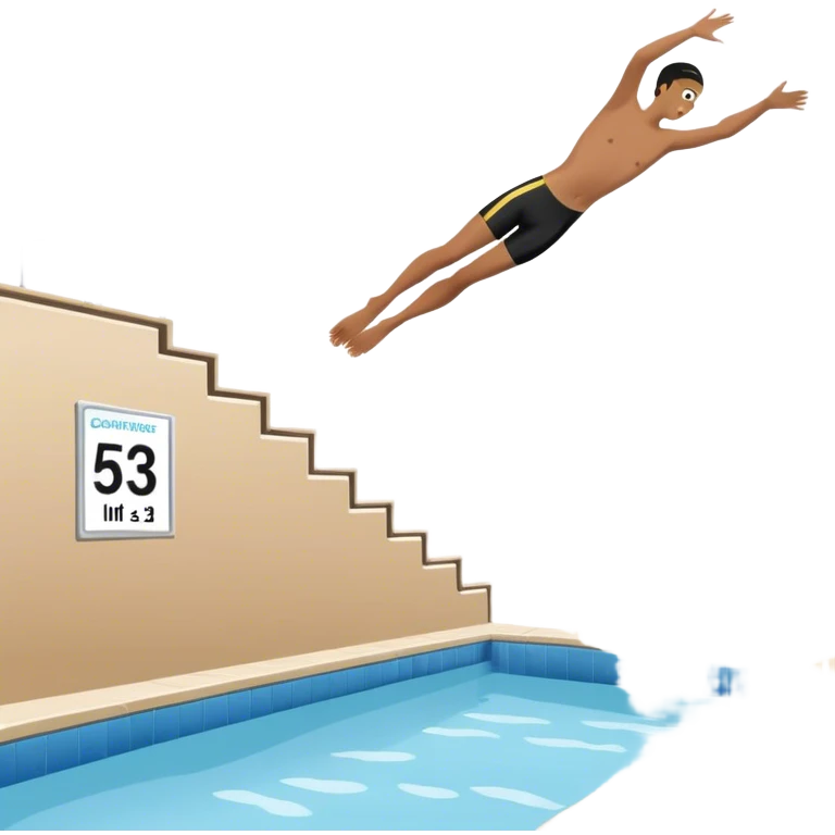 A diver mid-air after jumping off a head diving pool,  Below him, a pool labeled "Confidence". A subtle 5-4-3-2-1 on the diving board shows they took the leap despite fear. emoji