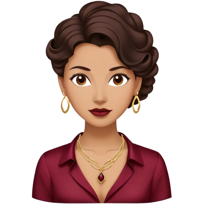 Emoji femenino con cabello recogido elegante castaño oscuro con ondas. Tono de piel bronceado. Viste camisa satinada vinotinto y lleva tres collares combinados color dorado. Diseño minimalista pero elegante. emoji